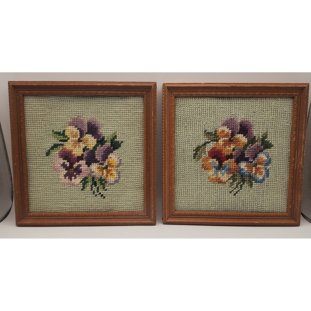Vintage Hand-Stitched Floral Pansy Needlepoint Framed Wall Art Art - Pair